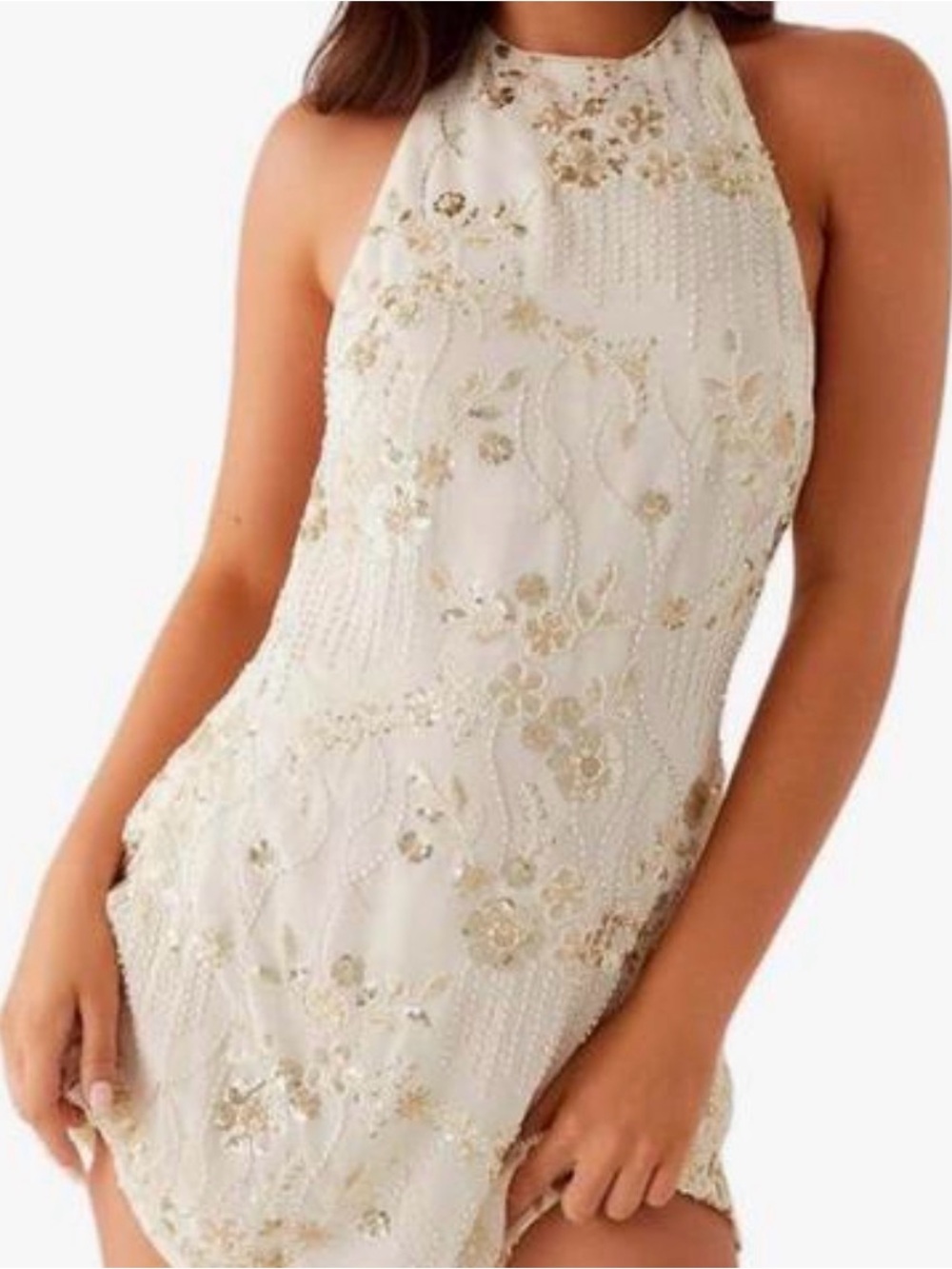 Embellished Cream Halter Mini Dress with Gold Floral Beading